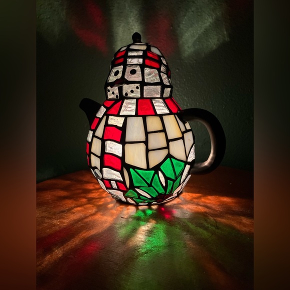Vintage Tiffany Style Stained Glass Snowman Tea Pot Table Lamp Night Light - Picture 3 of 10
